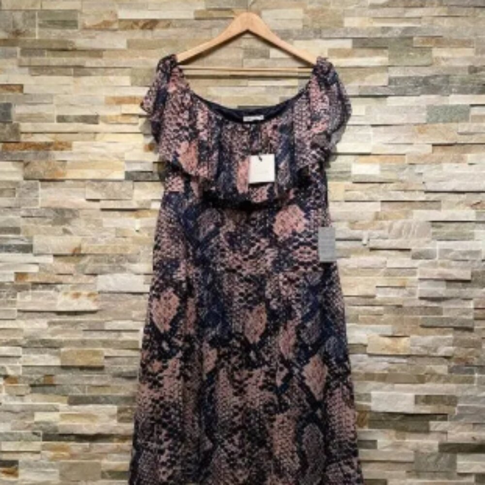 Cooper St 14 Off-Shoulder Midi Dress | Snakeskin Print, Ruffle, NWT $190